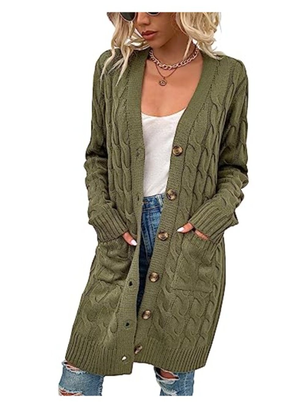 Womens Cable Knit Long Sleeve Button Cardigan Open Front Loose Sweater with